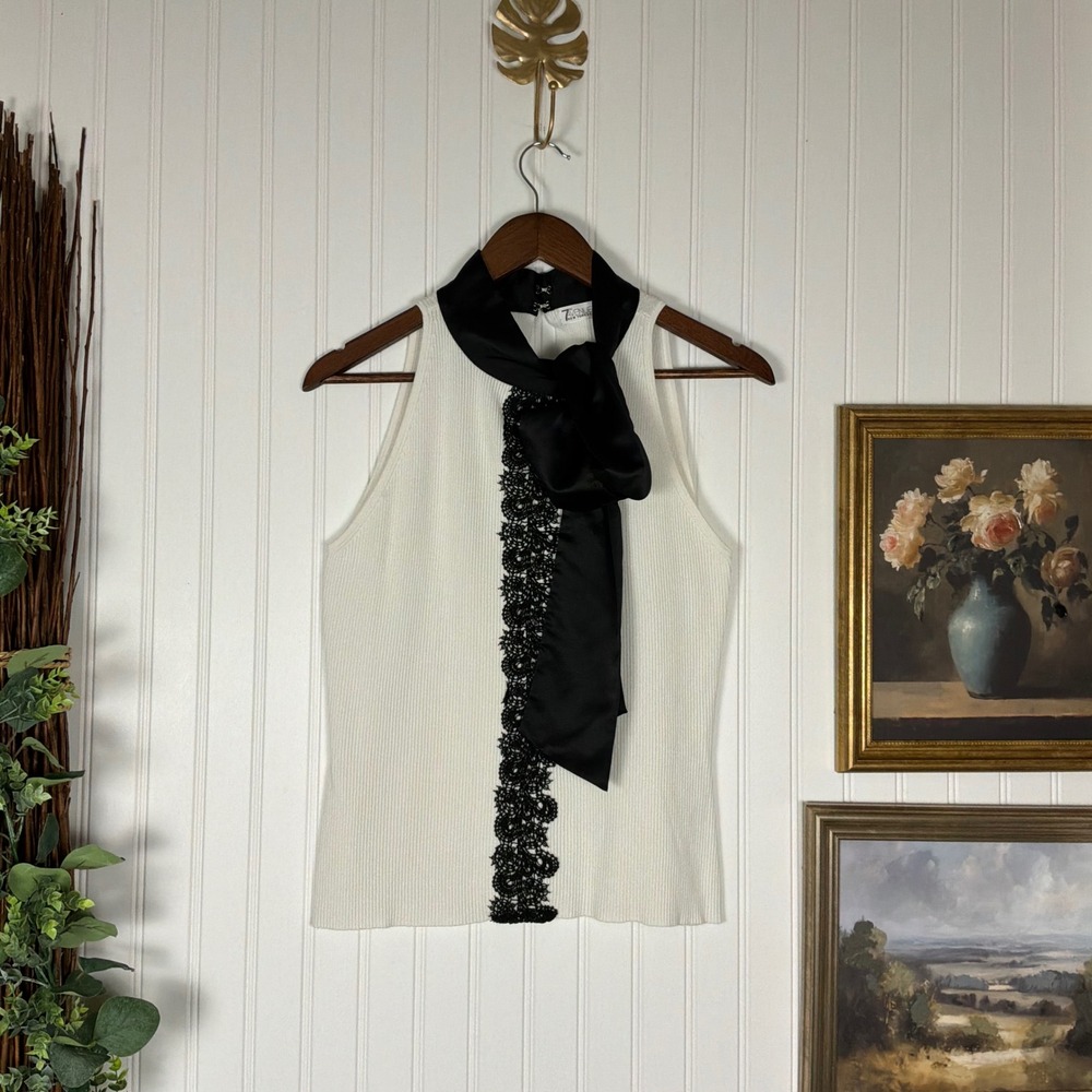 7th‎ Avenue New York Tank Top Womens Medium White Excellent Lace Bow Sleeveless
